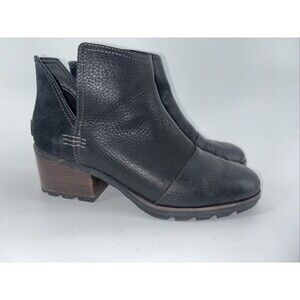 Sorel Cate Cut Out  Ankle Boots Women's 8 Black Leather Booties Block Heel Suede